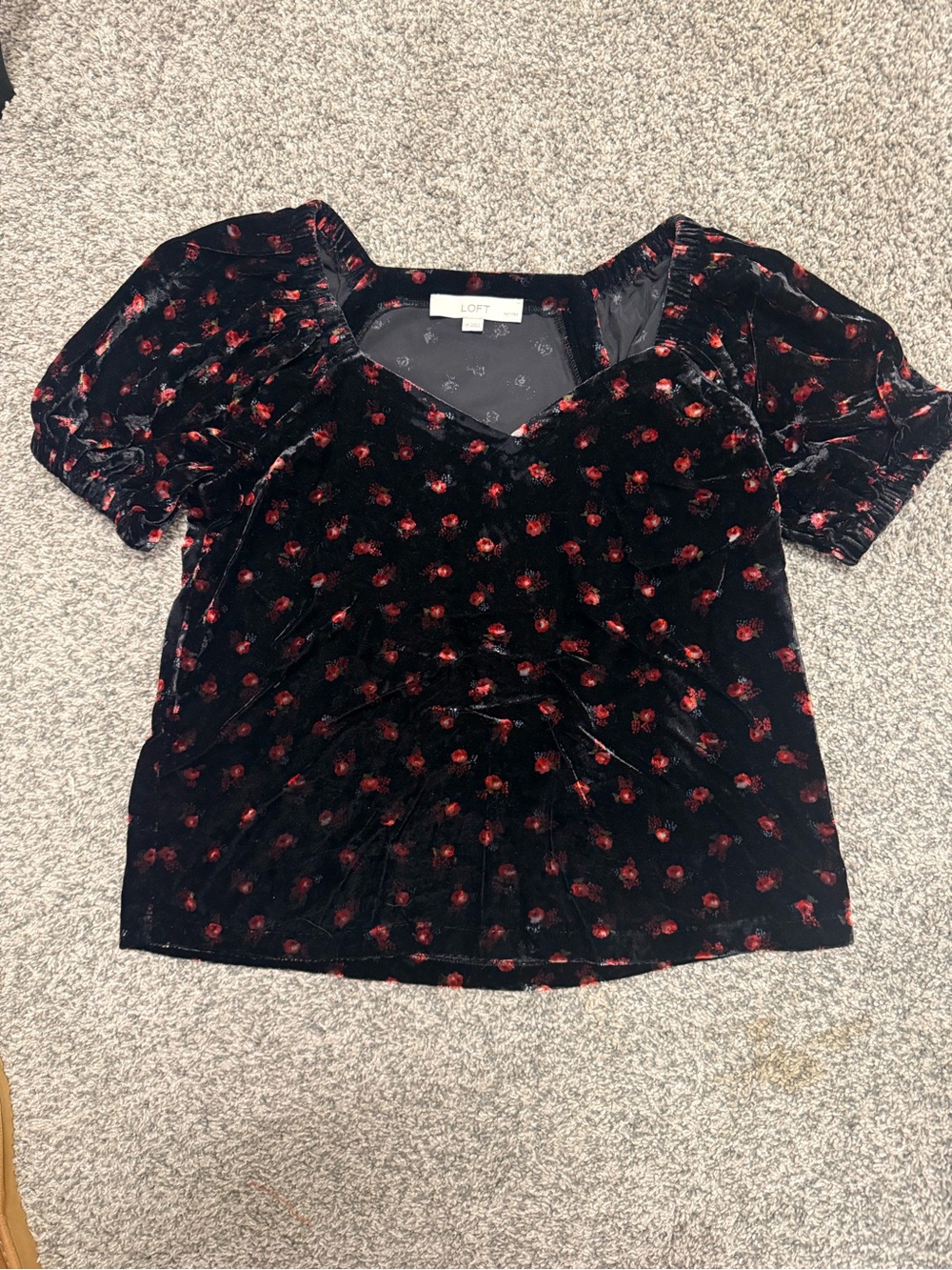 Loft Black Velvet Short-Sleeve Top with Red Floral Print